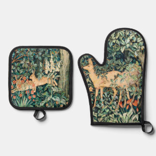Ensemble De Gant De Cuisine Et De Manique John Dearle "Green enery" Deer & Rabbit Motif
