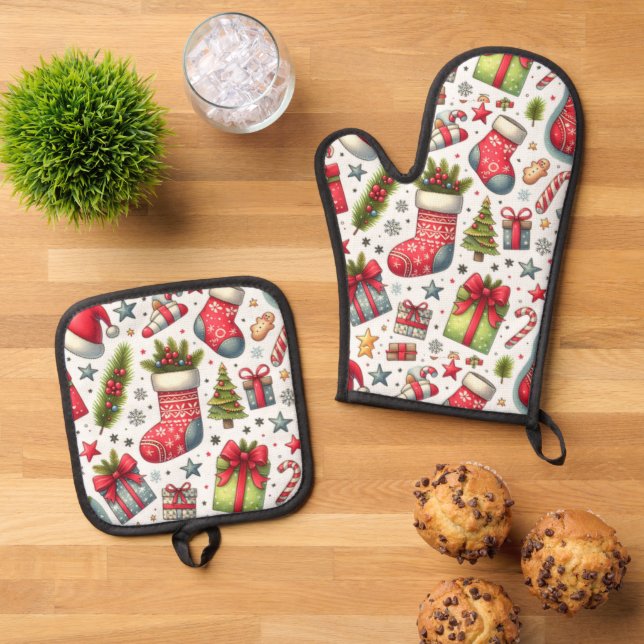 Ensemble De Gant De Cuisine Et De Manique Joie de Noël (De haut en bas)