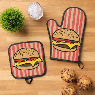 Ensemble De Gant De Cuisine Et De Manique Joli art rétro hamburgers Bandes rouges Mère