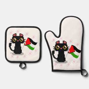 Ensemble De Gant De Cuisine Et De Manique joli chat noir tenant le drapeau de la Palestine