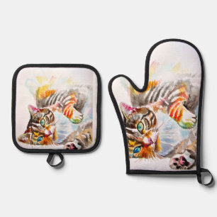 Ensemble De Gant De Cuisine Et De Manique Joli chat tigré chats joyeux Noël mamans