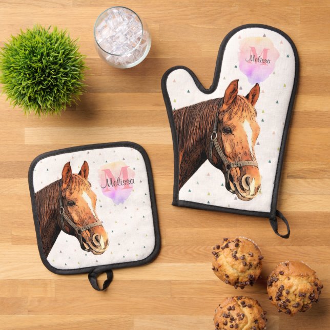 Ensemble De Gant De Cuisine Et De Manique Joli Cheval Animal Equestre Étables Monogramme (De haut en bas)