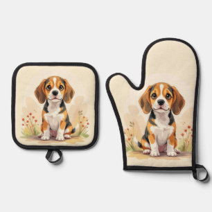 Ensemble De Gant De Cuisine Et De Manique Joli chiot Beagle tricolore noir, fauve et blanc