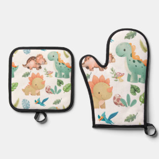 Ensemble De Gant De Cuisine Et De Manique Joli dinosaure vert