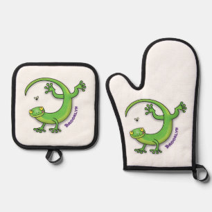 Ensemble De Gant De Cuisine Et De Manique Joli gecko vert salutations avec dessin animé
