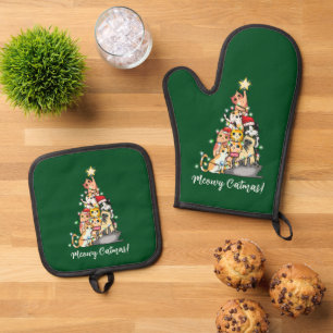 Ensemble De Gant De Cuisine Et De Manique Joli Meowy Catmas Chats Arbre de Noël Personnalisé