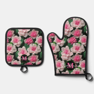 Ensemble De Gant De Cuisine Et De Manique Joli motif fleuri rose boho
