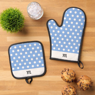 Ensemble De Gant De Cuisine Et De Manique Joli motif monogrammé ciel bleu à pois