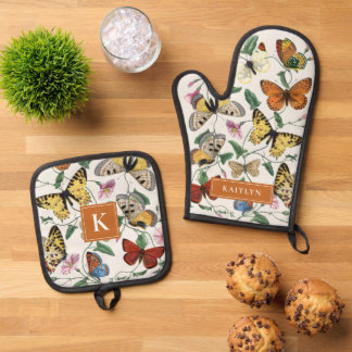 Ensemble De Gant De Cuisine Et De Manique Joli papillons Vintages Nom du monogramme