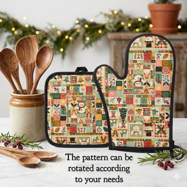Ensemble De Gant De Cuisine Et De Manique Joli Patchwork de Noël (Oven mitt and pot holder set featuring a retro quilt or patchwork design with a Christmas theme)