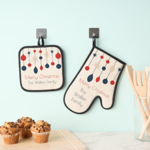 Ensemble De Gant De Cuisine Et De Manique Joli Retro Joyeux Noël Rouge Bleu Ornements