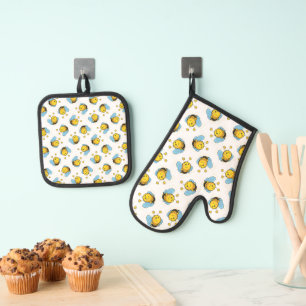 Ensemble De Gant De Cuisine Et De Manique Jolie bumble motif blanc