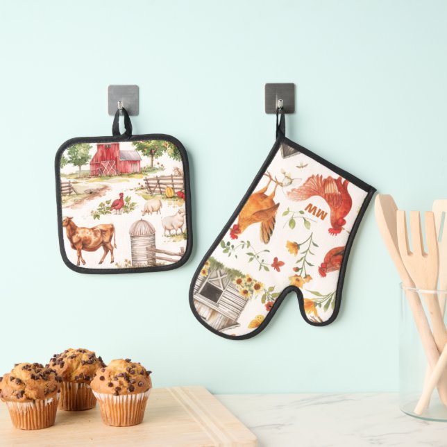 Ensemble De Gant De Cuisine Et De Manique Jolie ferme rustique (In situ (suspendu))