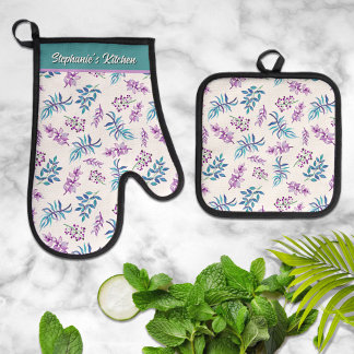 Ensemble De Gant De Cuisine Et De Manique Jolie Fleur Aquarelle Personnalisée
