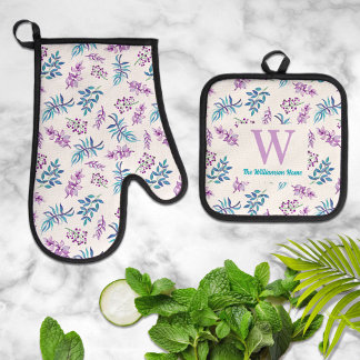 Ensemble De Gant De Cuisine Et De Manique Jolie Fleur Aquarelle Personnalisée