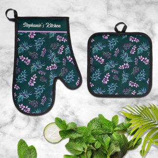 Ensemble De Gant De Cuisine Et De Manique Jolie fleur foncée personnalisée aquarelle