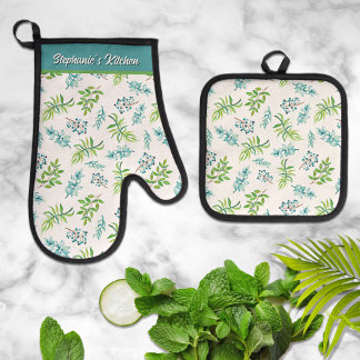 Ensemble De Gant De Cuisine Et De Manique Jolie Fleur Watercolor Personnalisée