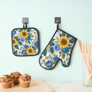 ENSEMBLE DE GANT DE CUISINE ET DE MANIQUE JOLIE FLEURS DE PRINTEMPS BLEU BLANC CLAIR