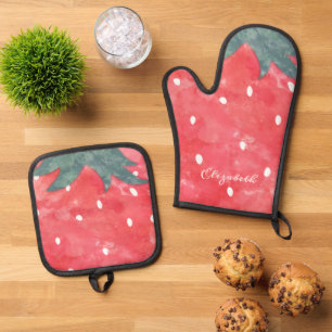 Ensemble De Gant De Cuisine Et De Manique Jolie fraise à l'aquarelle