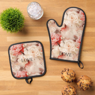 Ensemble De Gant De Cuisine Et De Manique Jolie rose florale crème blush rose