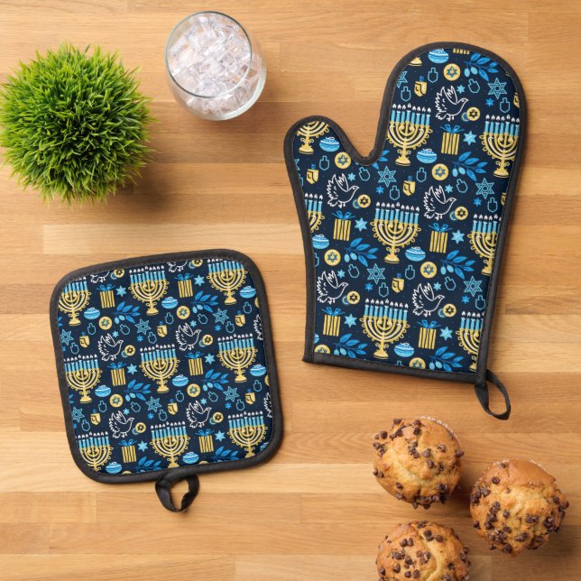 Ensemble De Gant De Cuisine Et De Manique Joyeux Hanukkah (De haut en bas)