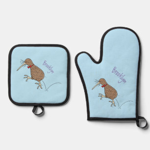 Ensemble De Gant De Cuisine Et De Manique Joyeux kiwi de saut avec dessin de cravate arc