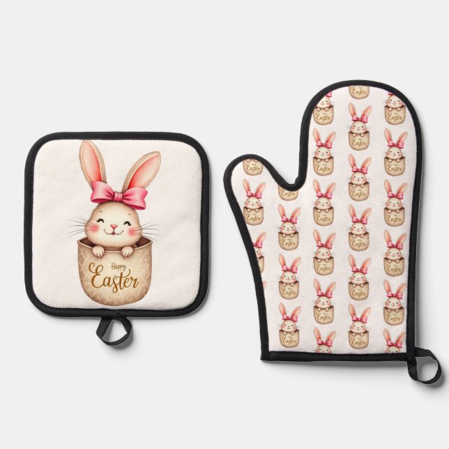 Ensemble De Gant De Cuisine Et De Manique Joyeux lapin de Pâques ! (Recto)