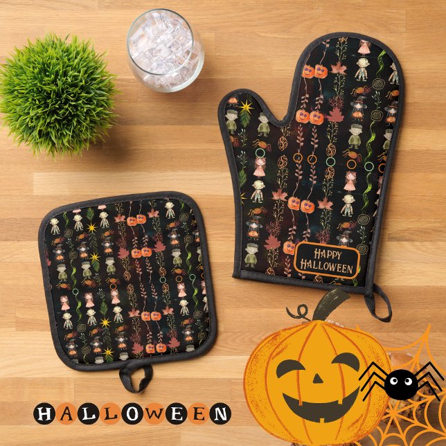 Ensemble De Gant De Cuisine Et De Manique Joyeux monstres d'Halloween ( Happy Halloween Monsters Oven Mitt & Pot Holder Set )