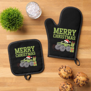 Ensemble De Gant De Cuisine Et De Manique Joyeux Noël Monster Truck Garçons Enfants Xmas