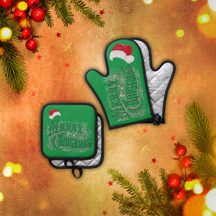 Ensemble De Gant De Cuisine Et De Manique Joyeux Noël - Vintage, avec Santa Hat