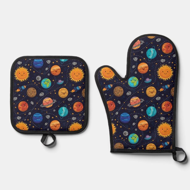Ensemble De Gant De Cuisine Et De Manique Joyeux Planètes Fours Mitt Set (Recto)