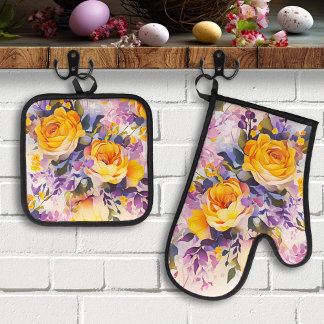 Ensemble De Gant De Cuisine Et De Manique Joyeux Printemps coloré Fleurs peintes