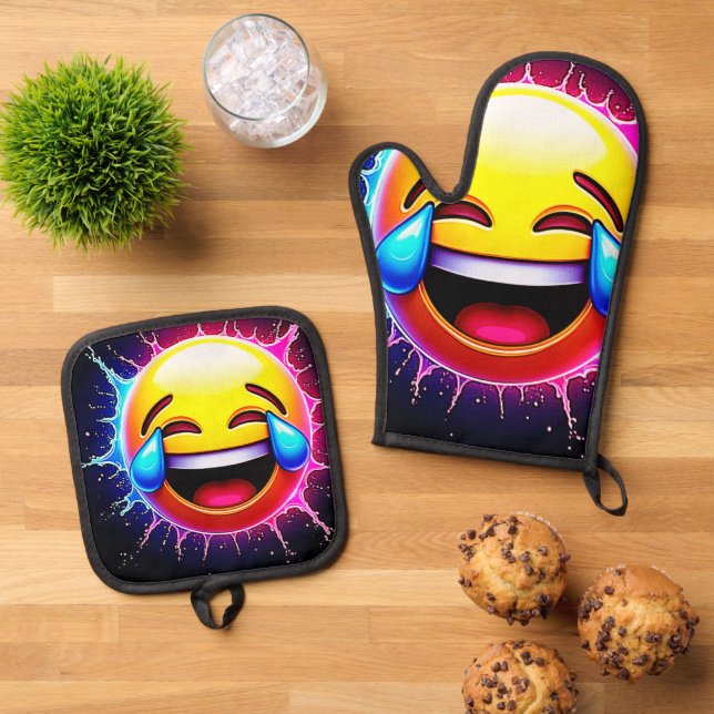 Ensemble De Gant De Cuisine Et De Manique Joyful Splash: Laughing Emoji Art (De haut en bas)
