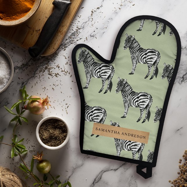 Ensemble De Gant De Cuisine Et De Manique Jungle Zebra Wild Motif & Nom personnalisé (Créateur téléchargé)