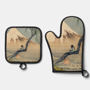 Ensemble De Gant De Cuisine Et De Manique Katsushika Hokusai - Garçon regardant le Mont Fuji