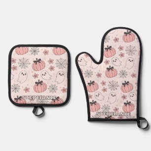 Ensemble De Gant De Cuisine Et De Manique Kawaii Halloween rose Fantômes et Citrouilles