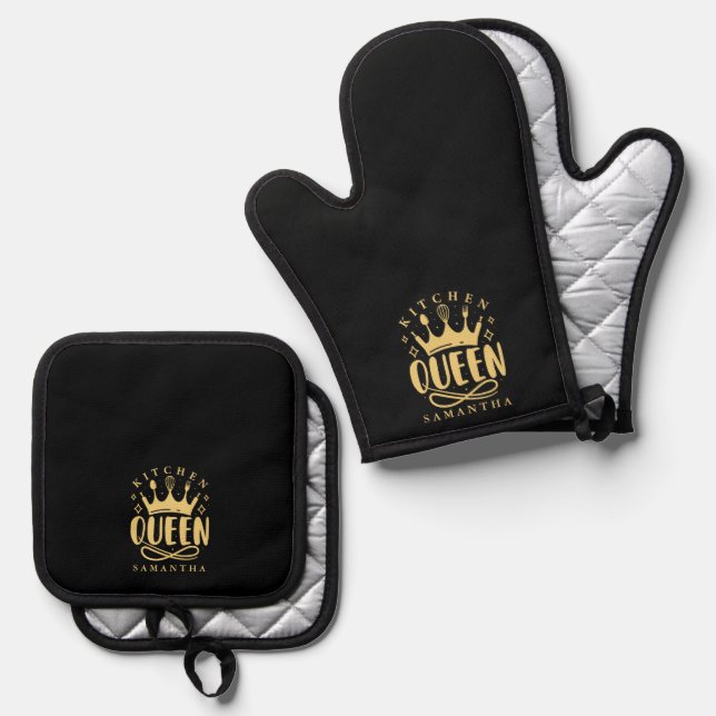 Ensemble De Gant De Cuisine Et De Manique Kitchen Queen Gold Crown Custom Name (Recto/Verso)