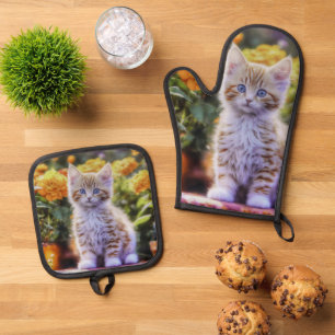 Ensemble De Gant De Cuisine Et De Manique Kitten au gingembre dans un jardin fleuri