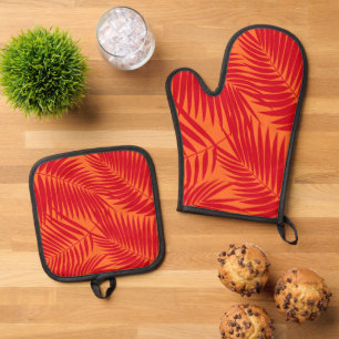 Ensemble De Gant De Cuisine Et De Manique Kona Palms Hawaiian Tropical Leaf Rouge et Orange