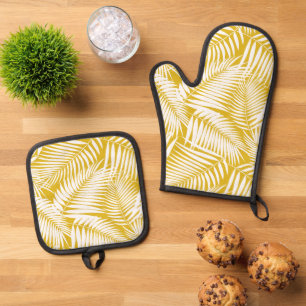 Ensemble De Gant De Cuisine Et De Manique Kona Palms Hawaiian Tropical Leaf Sulphur Gold