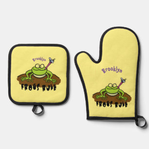Ensemble De Gant De Cuisine Et De Manique La grenouille règle drôle dessin de grenouille ver