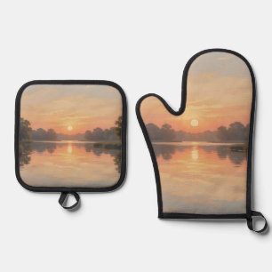 Ensemble De Gant De Cuisine Et De Manique Lac Reflet de l'Heure Dorée Impressionniste 
