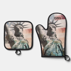 Ensemble De Gant De Cuisine Et De Manique Lady Liberty et le drapeau américain Nom personnal