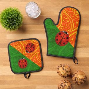 Ensemble De Gant De Cuisine Et De Manique Ladybug Whimsey 3D Folk Art