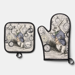 Ensemble De Gant De Cuisine Et De Manique Lapin Blanc Alice au Pays des Merveilles Horloges