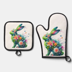 Ensemble De Gant De Cuisine Et De Manique Lapin de lapin de puissance de fleurs