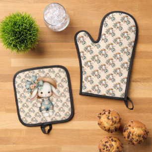 Ensemble De Gant De Cuisine Et De Manique Lapin mignon dans les couloirs avec Casquette pail