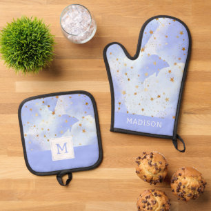 Ensemble De Gant De Cuisine Et De Manique Lavendar Golden Star Motif