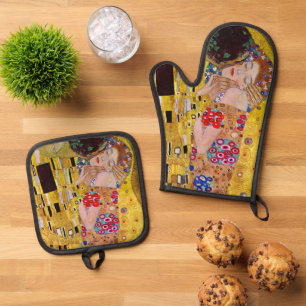 Ensemble De Gant De Cuisine Et De Manique Le Baiser de Gustav Klimt, Art Nouveau Vintage
