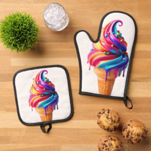 Ensemble De Gant De Cuisine Et De Manique Le cône de glace vibrant de SlipperyJoe's, un clas